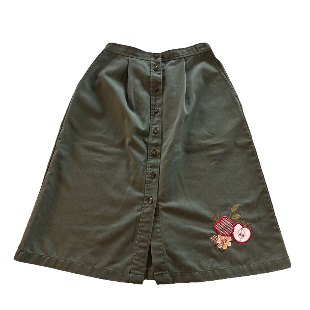 BON WORTH Womens Size PM Small Button Front Green With Embroidered Apples VTG